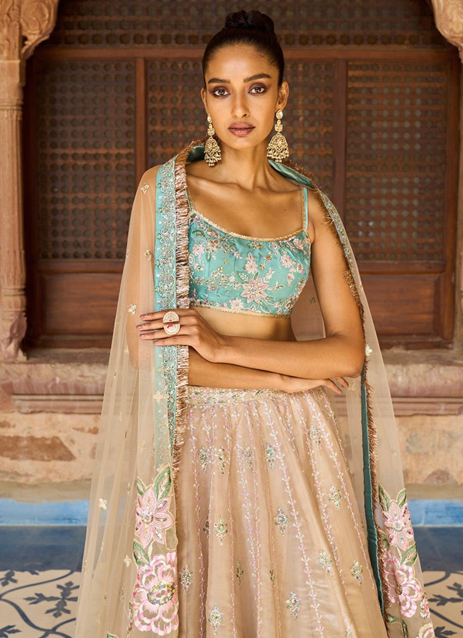 Women Lashkaraa | Golden Beige And Dusty Teal Embroidered Lehenga