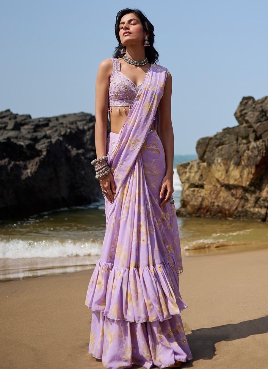 Women Lashkaraa | Lavender Floral Printed Saree