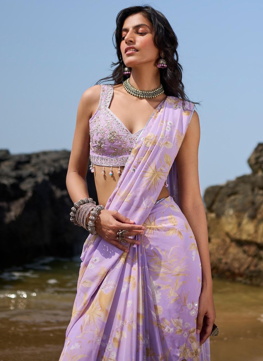 Women Lashkaraa | Lavender Floral Printed Saree