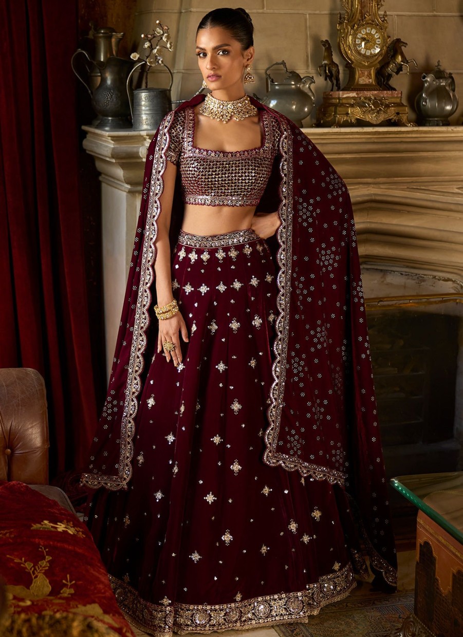 Women Lashkaraa | Maroon Embroidered Velvet Lehenga