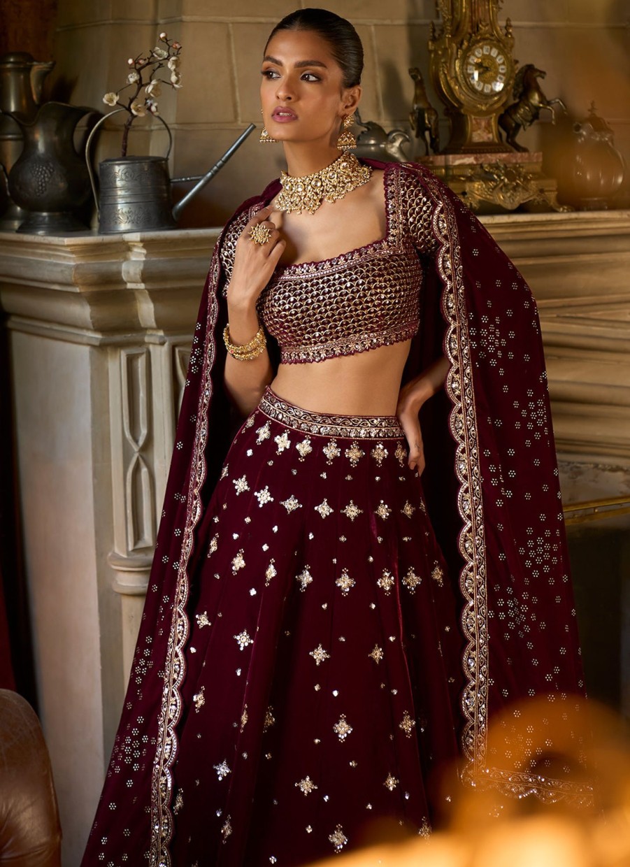 Women Lashkaraa | Maroon Embroidered Velvet Lehenga