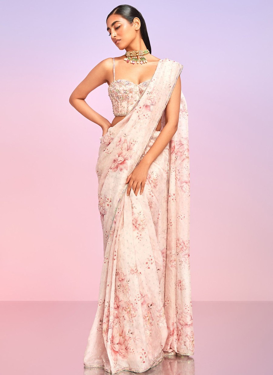 Women Lashkaraa | Soft Pink Floral Embellished Saree