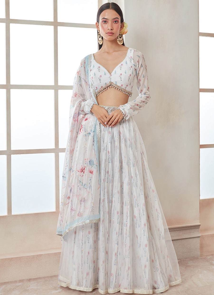 Women Lashkaraa | White And Blue Floral Printed Lehenga