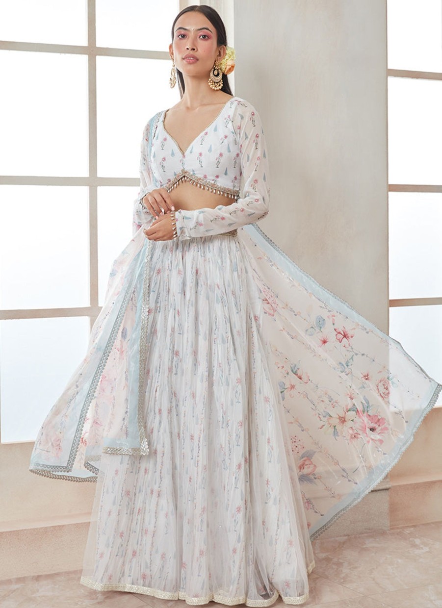 Women Lashkaraa | White And Blue Floral Printed Lehenga