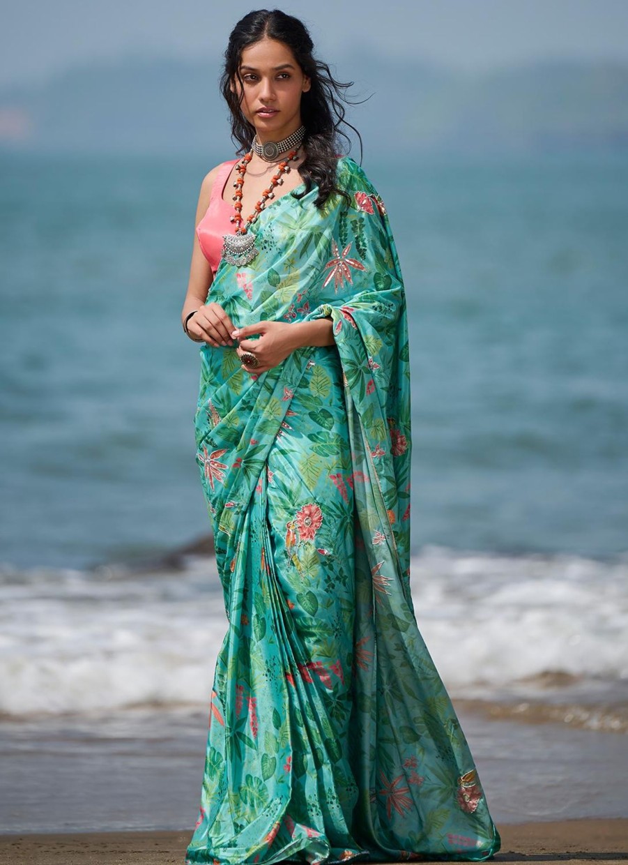 Women Lashkaraa | Sea Green And Pink Floral Printed Saree