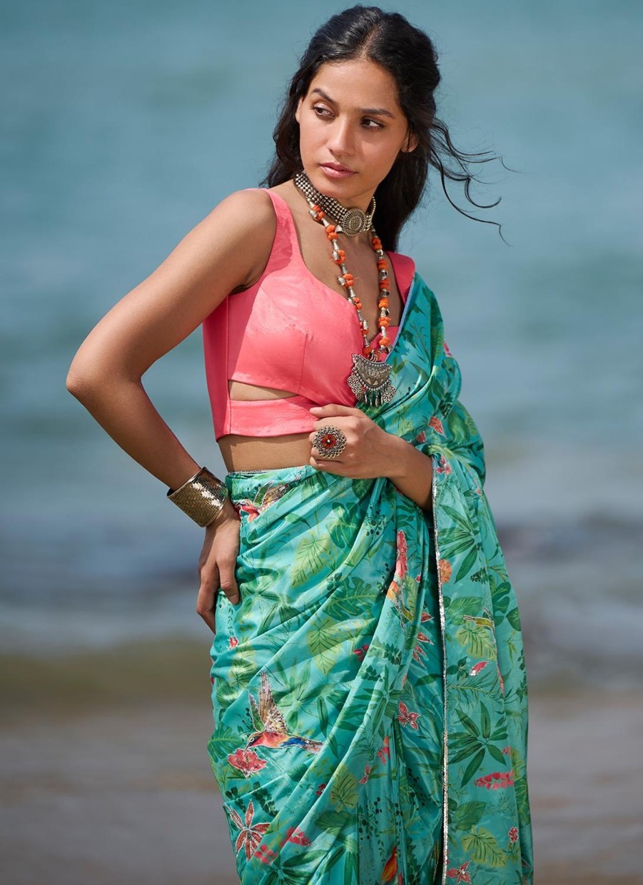 Women Lashkaraa | Sea Green And Pink Floral Printed Saree