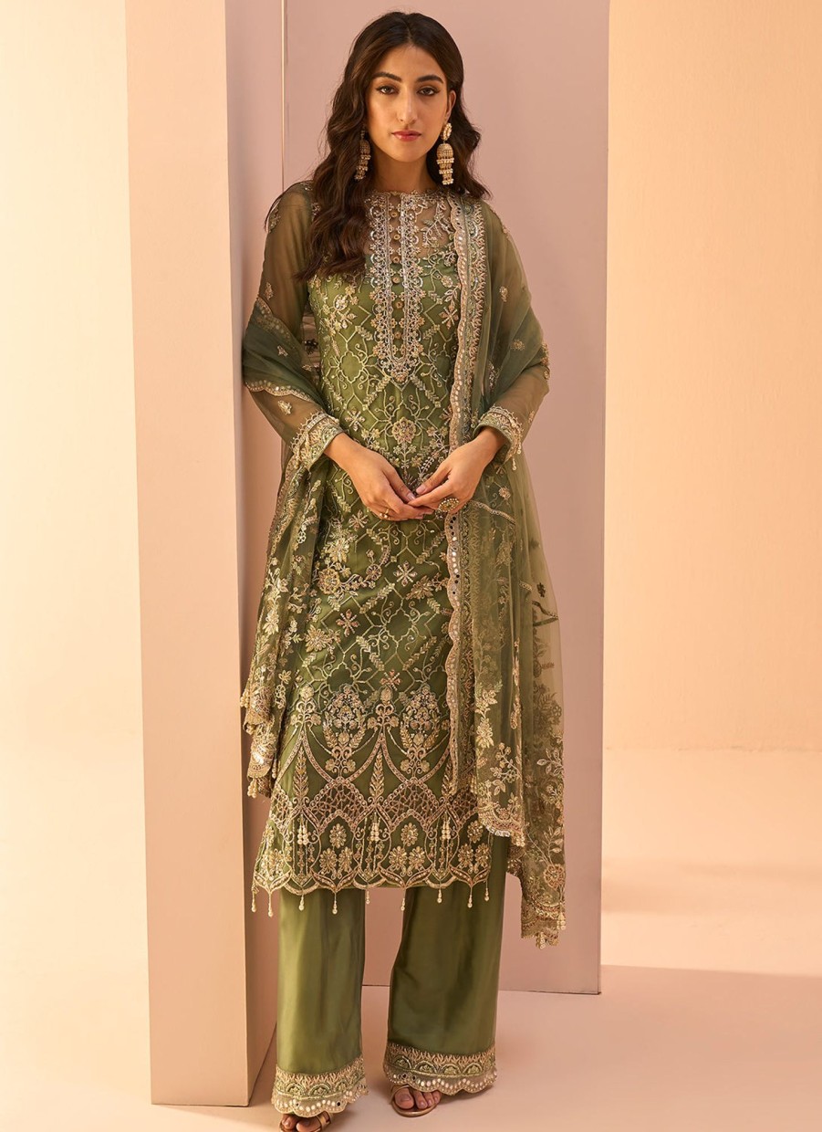 Women Lashkaraa | Dusty Green Embroidered Palazzo Suit