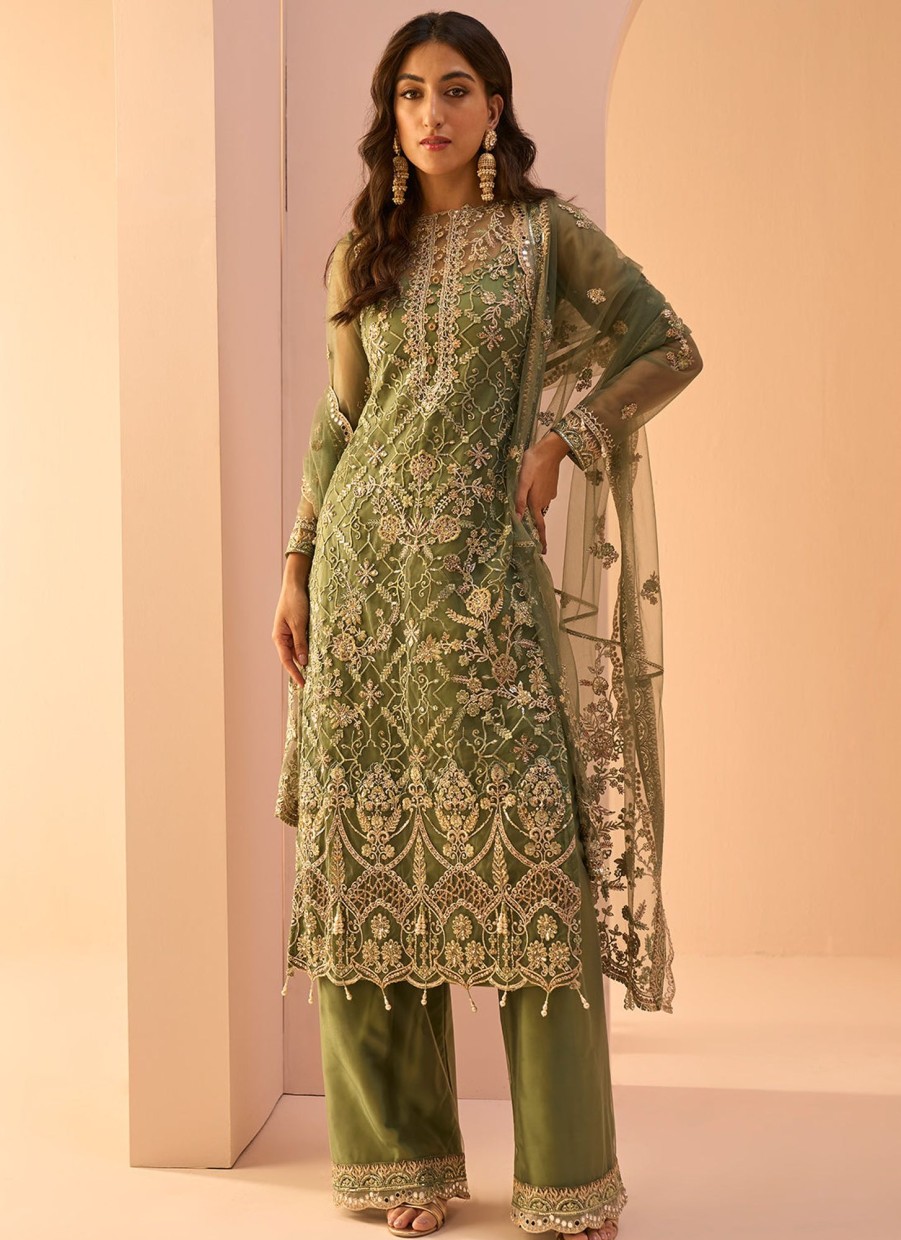 Women Lashkaraa | Dusty Green Embroidered Palazzo Suit