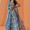 Women Lashkaraa | Sky Blue And White Floral Printed Lehenga