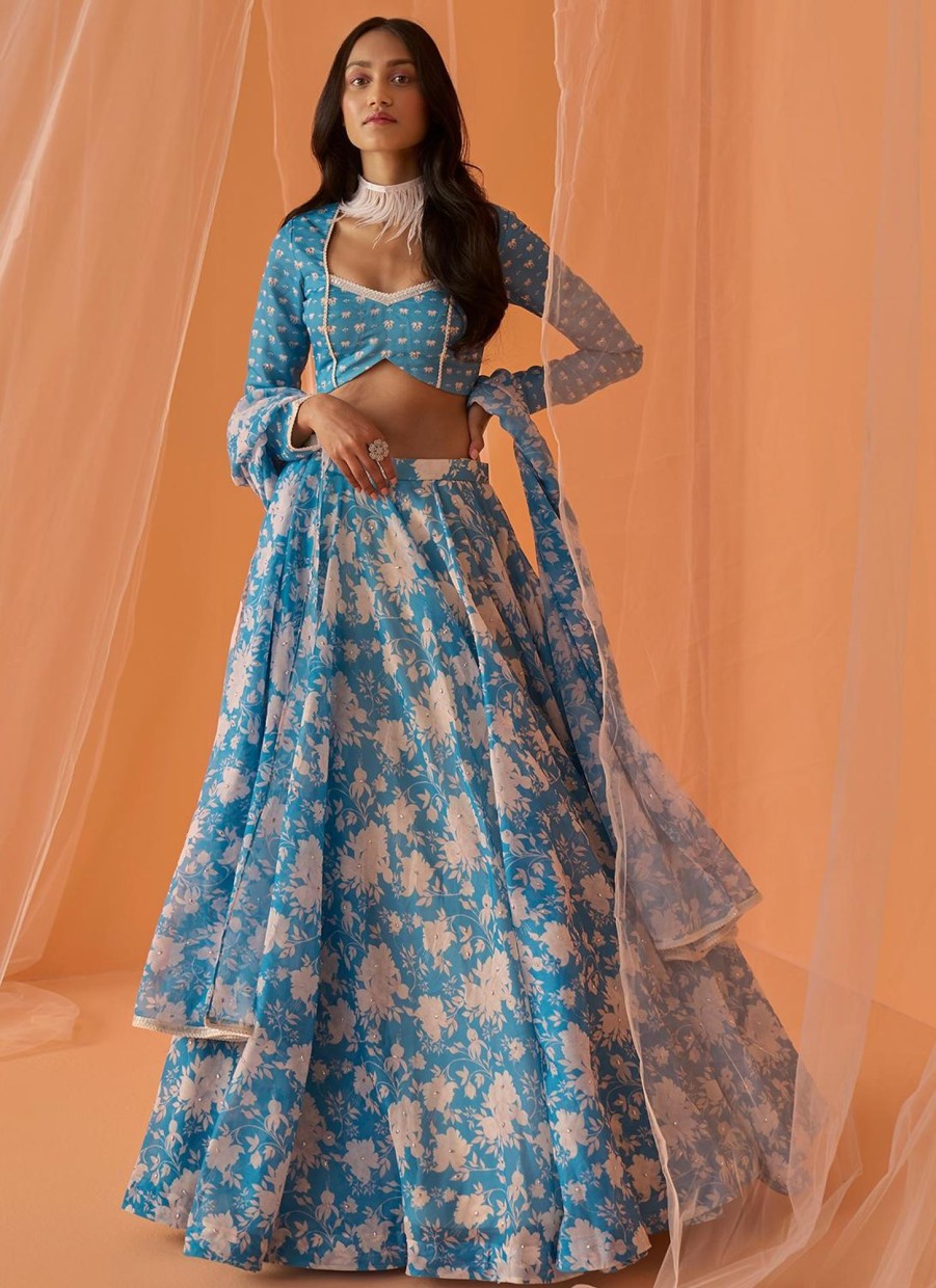 Women Lashkaraa | Sky Blue And White Floral Printed Lehenga