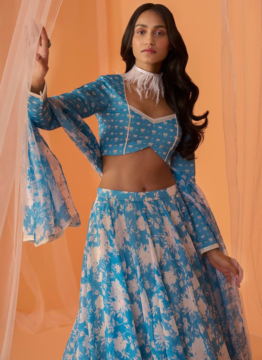 Women Lashkaraa | Sky Blue And White Floral Printed Lehenga