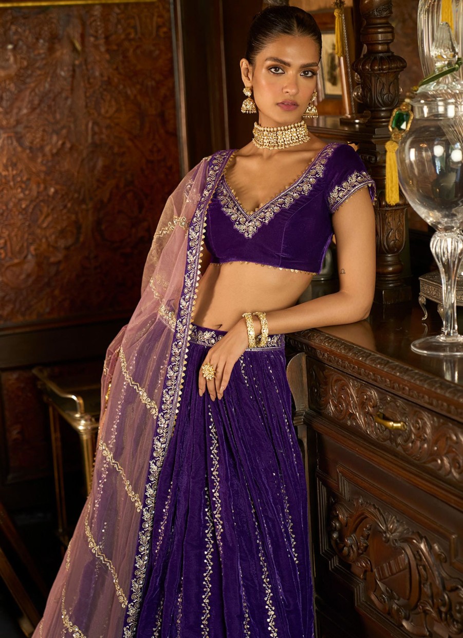 Women Lashkaraa | Purple Embroidered Velvet Lehenga