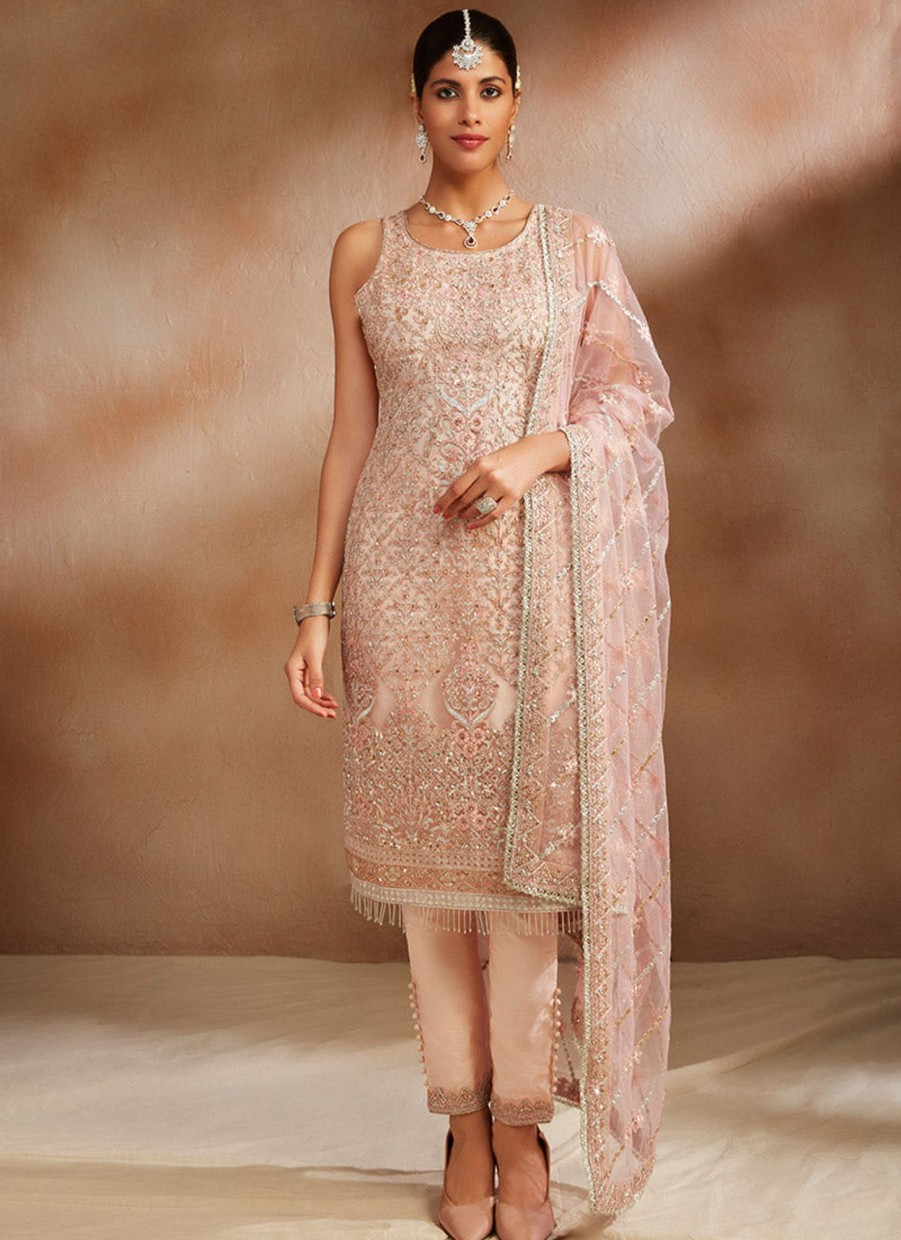 Women Lashkaraa | Peachy Pink Embroidered Straight Suit