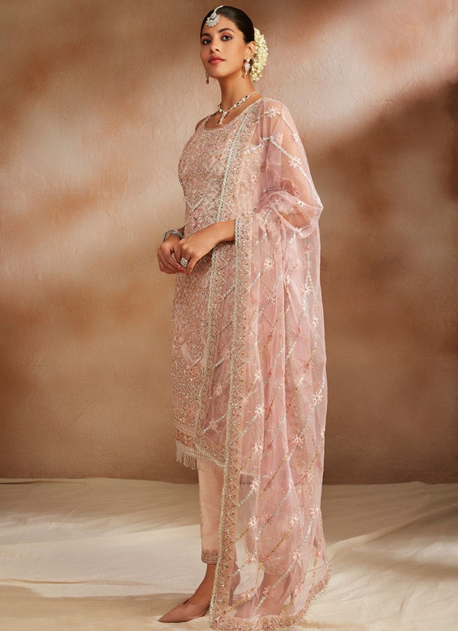 Women Lashkaraa | Peachy Pink Embroidered Straight Suit