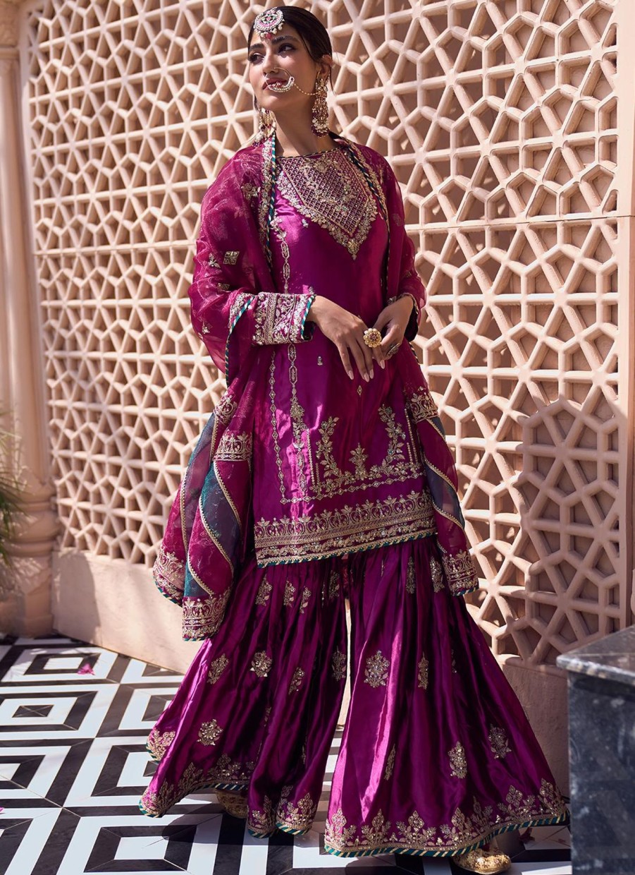 Women Lashkaraa | Deep Wine Embroidered Gharara Suit