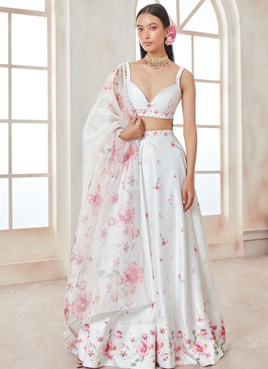 Women Lashkaraa | White And Pink Floral Printed Lehenga