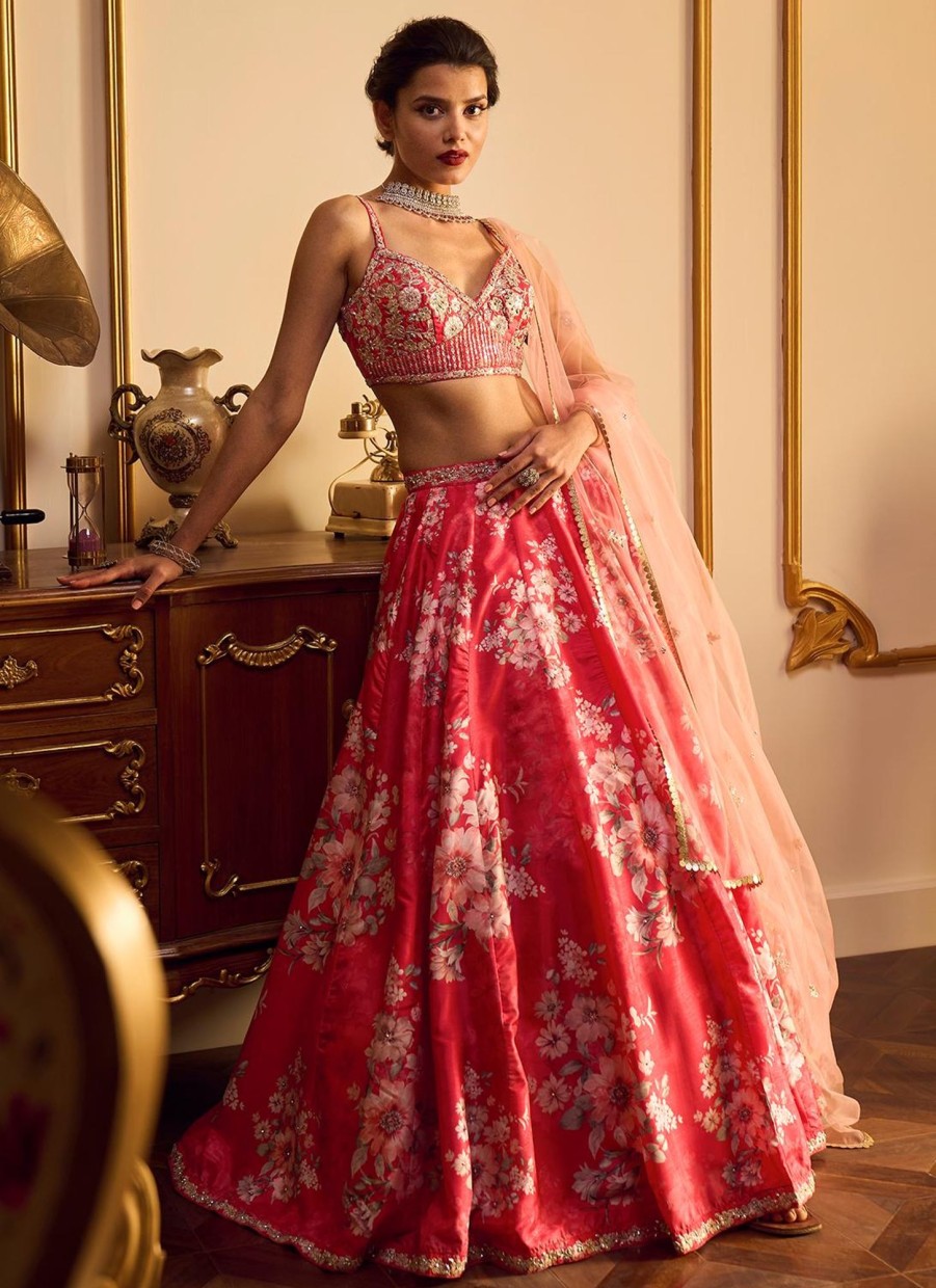 Women Lashkaraa | Red Floral Printed Lehenga