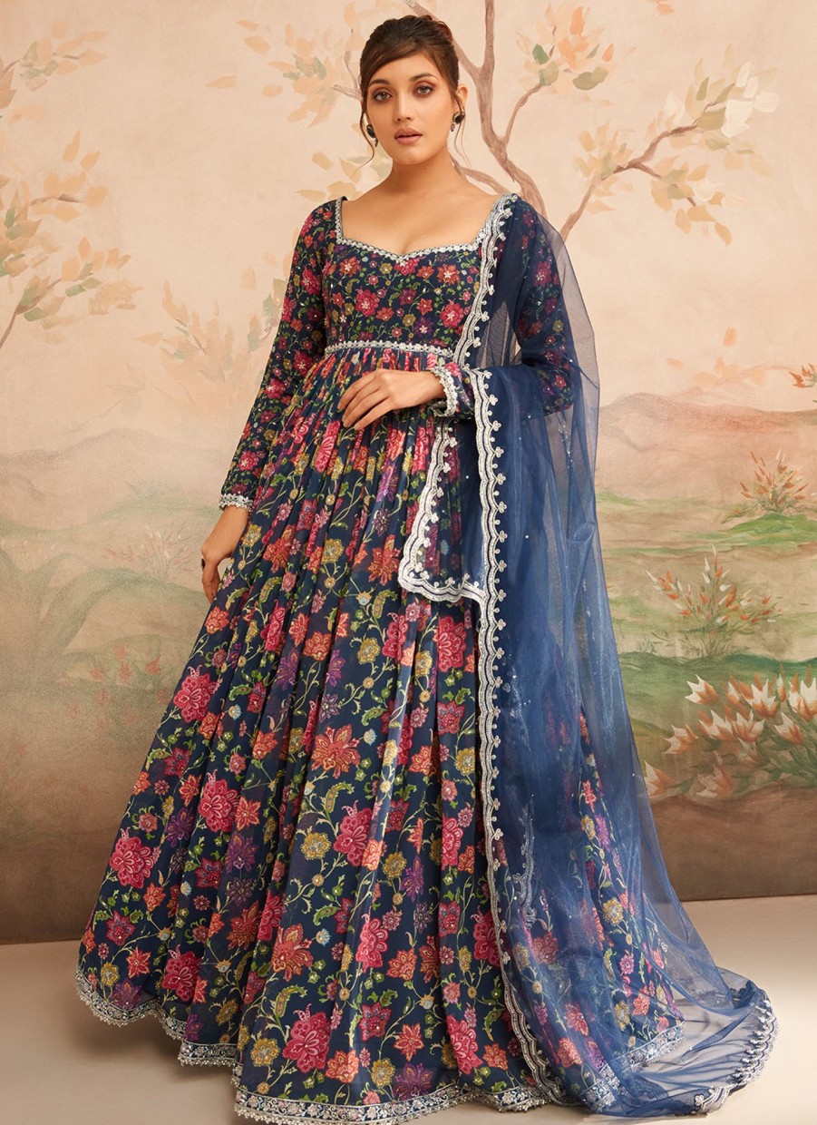 Women Lashkaraa | Navy Blue Floral Printed Anarkali