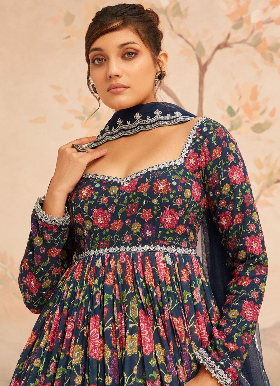 Women Lashkaraa | Navy Blue Floral Printed Anarkali