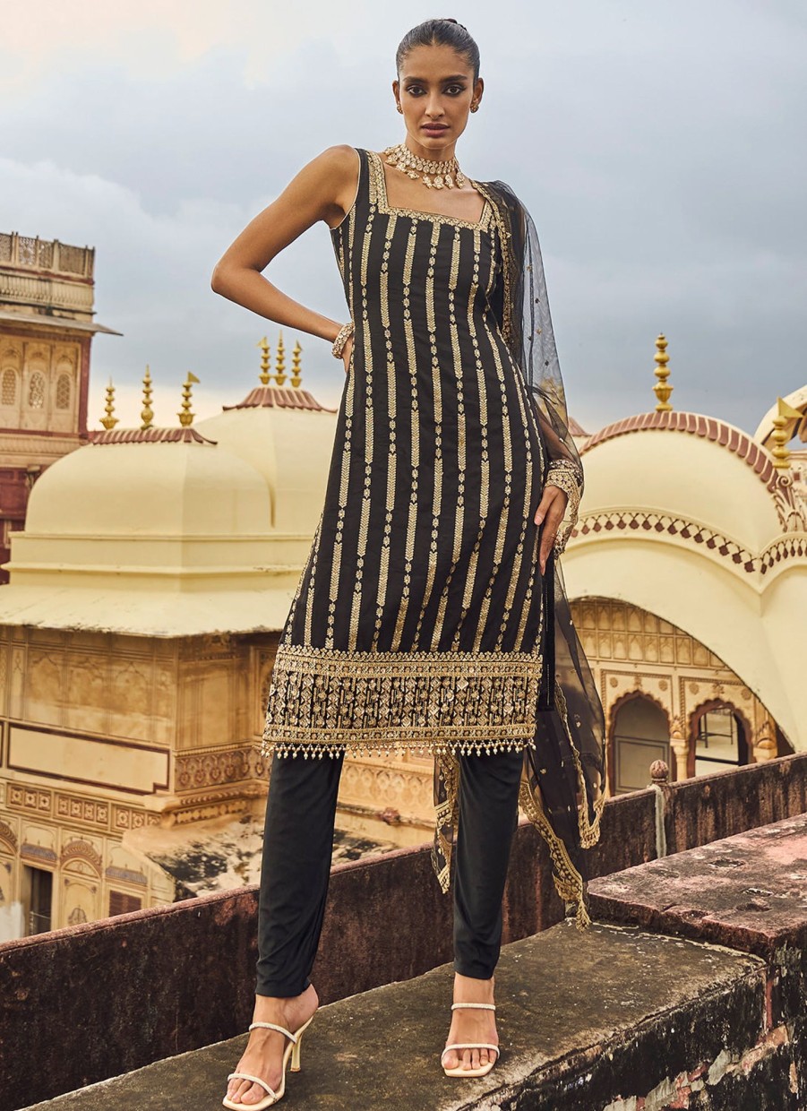 Women Lashkaraa | Black And Gold Hand Embroidered Straight Suit