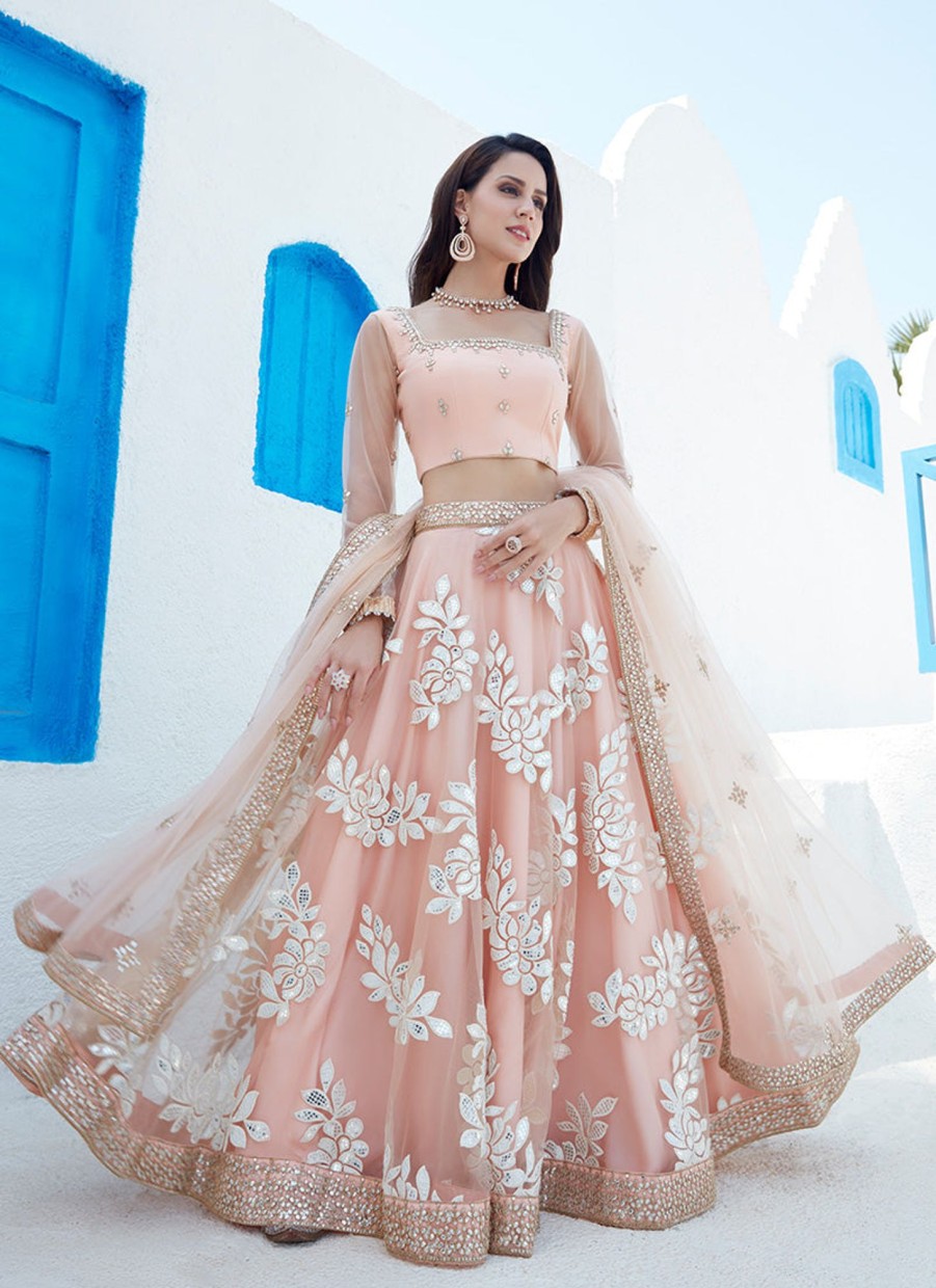 Women Lashkaraa | Peach Foil Embroidered Net Lehenga