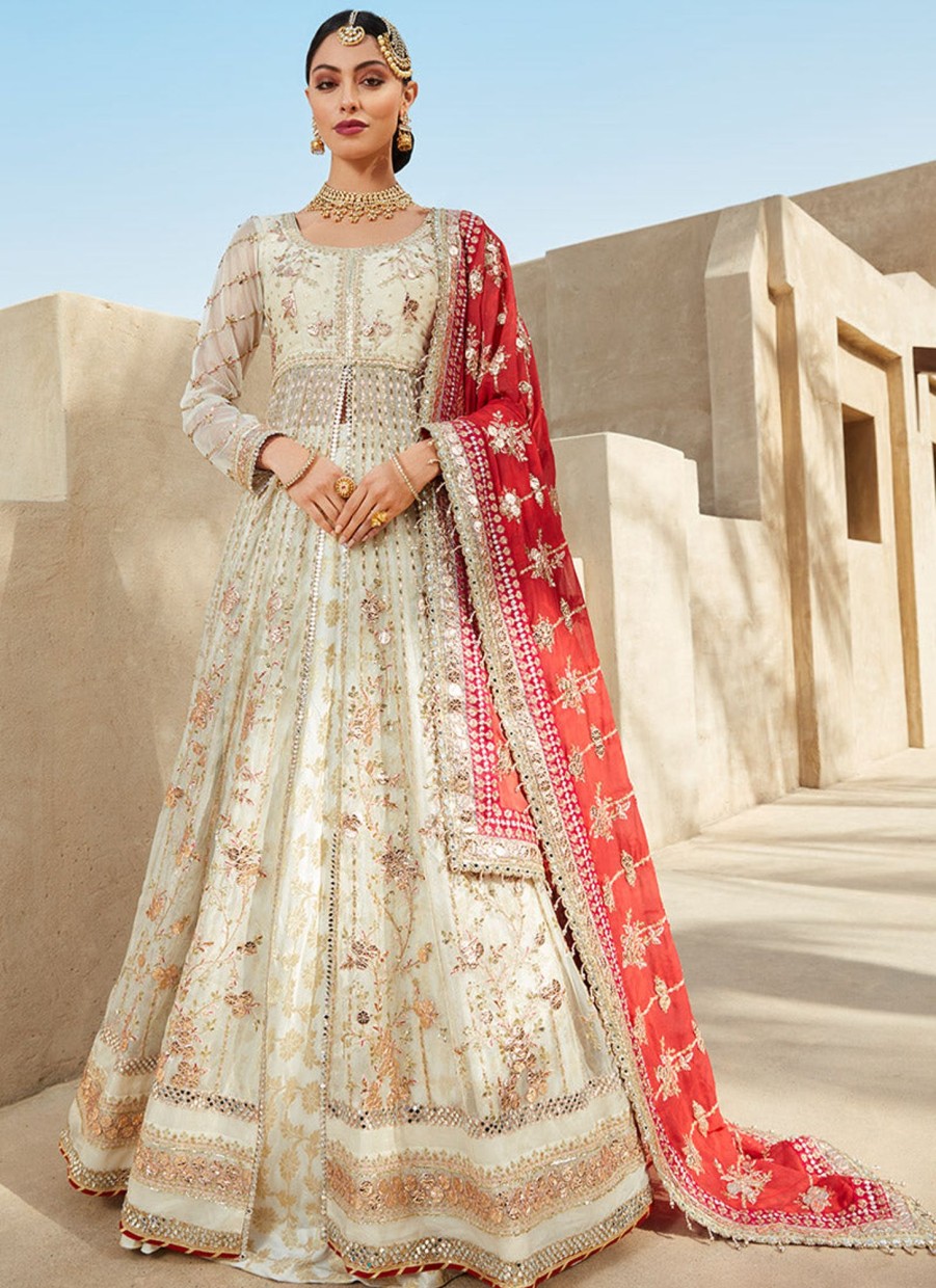 Women Lashkaraa | Red And Off White Anarkali Style Lehenga