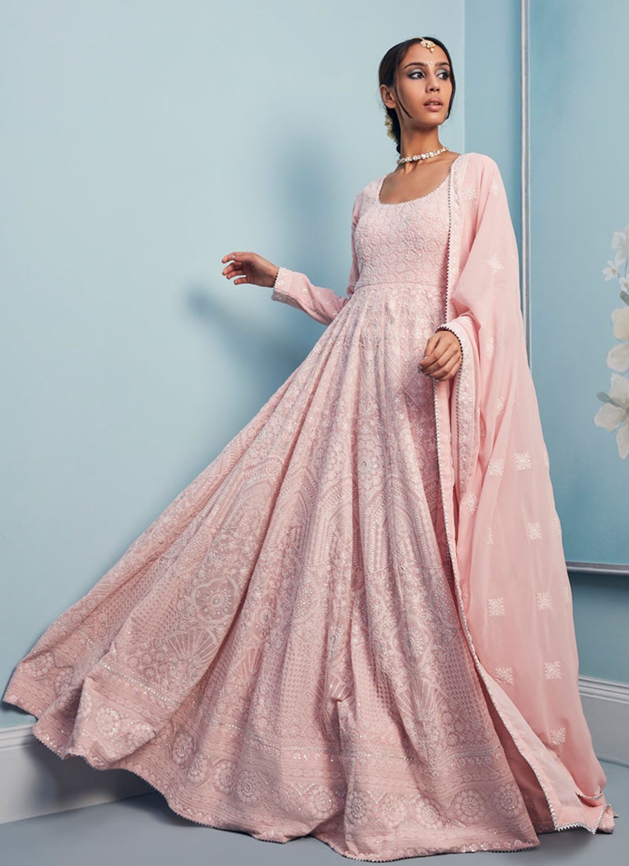 Women Lashkaraa | Blush Pink Thread Embroidered Anarkali