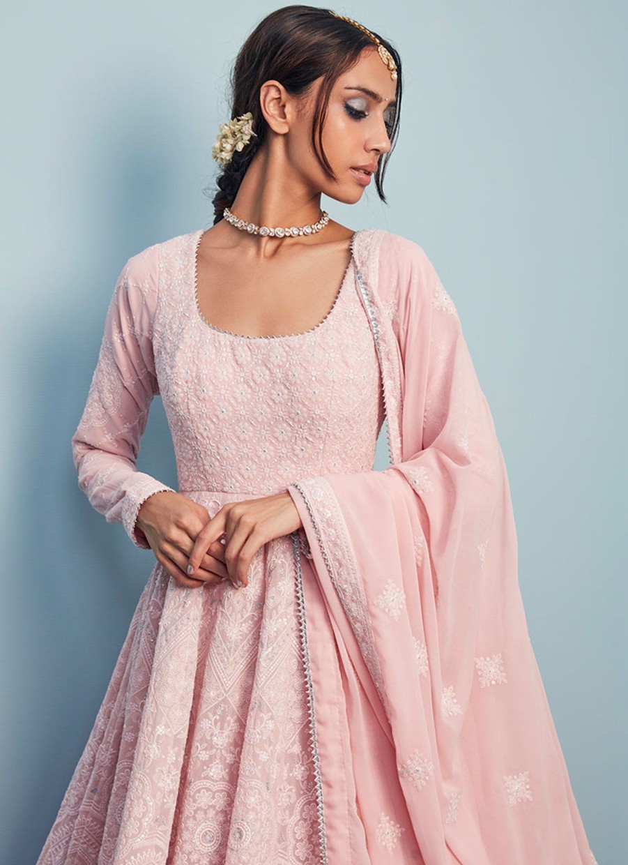 Women Lashkaraa | Blush Pink Thread Embroidered Anarkali