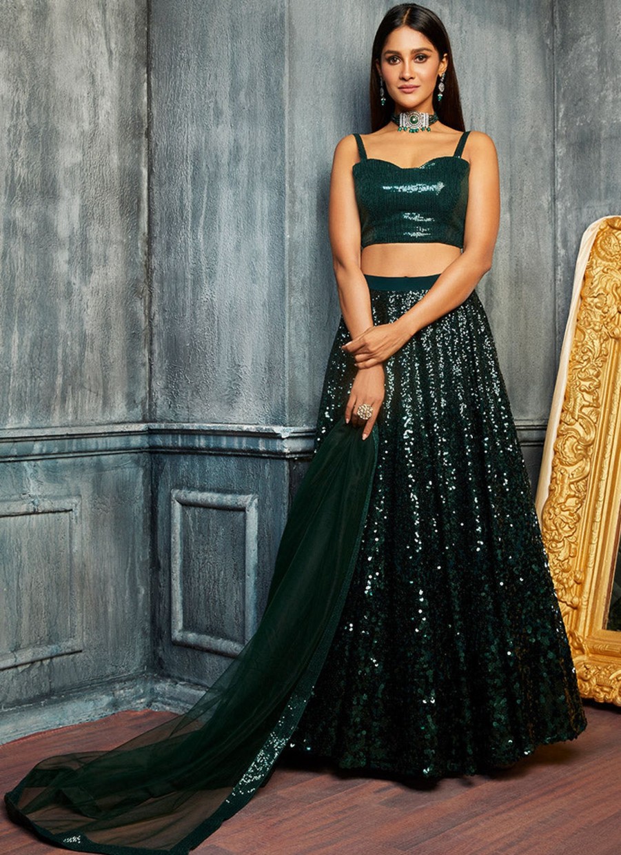 Women Lashkaraa | Emerald Green Sequins Embroidered Lehenga