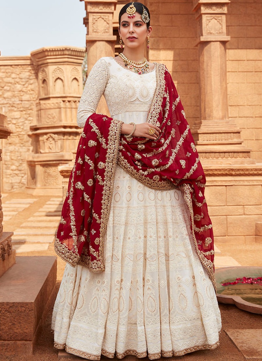 Women Lashkaraa | Off White Lakhnavi Anarkali With Maroon Dupatta