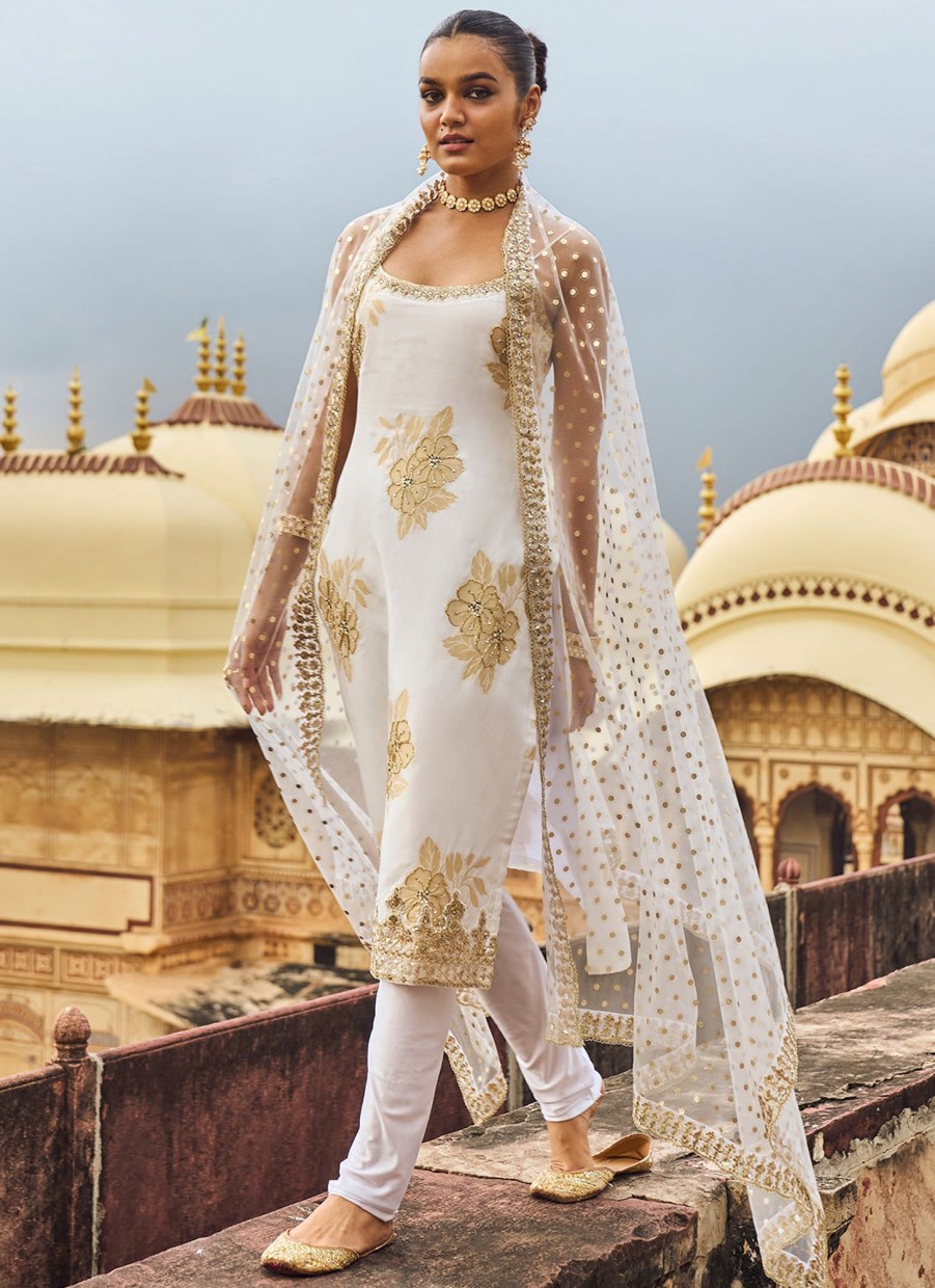 Women Lashkaraa | White And Gold Hand Embroidered Straight Suit