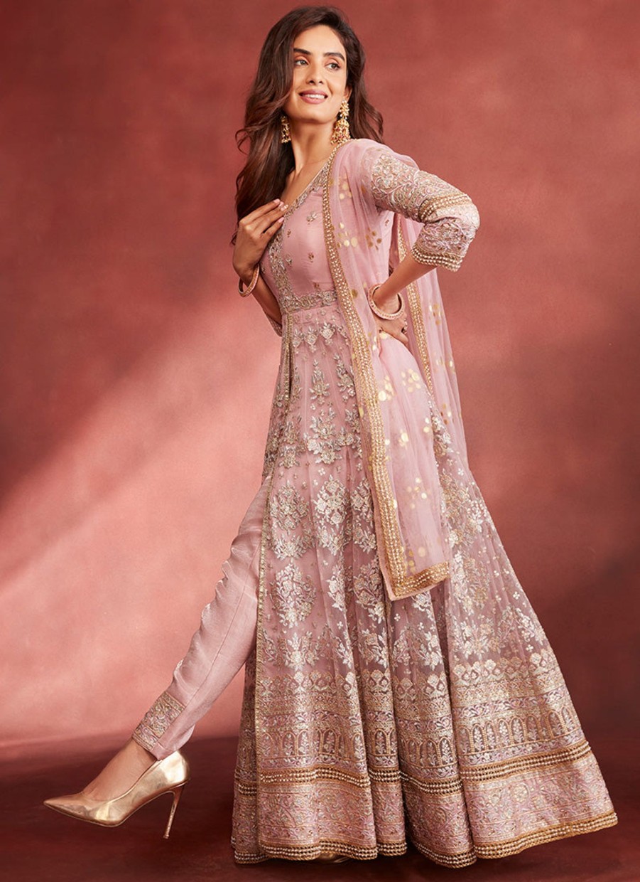 Women Lashkaraa | Rose Pink Embroidered Pant Style Anarkali