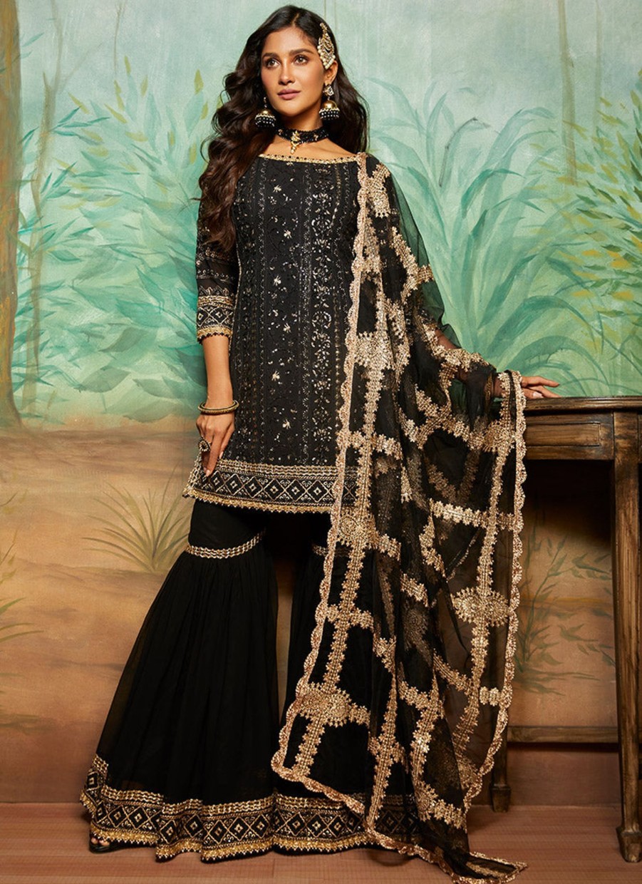 Women Lashkaraa | Black And Gold Thread Embroidered Gharara Suit