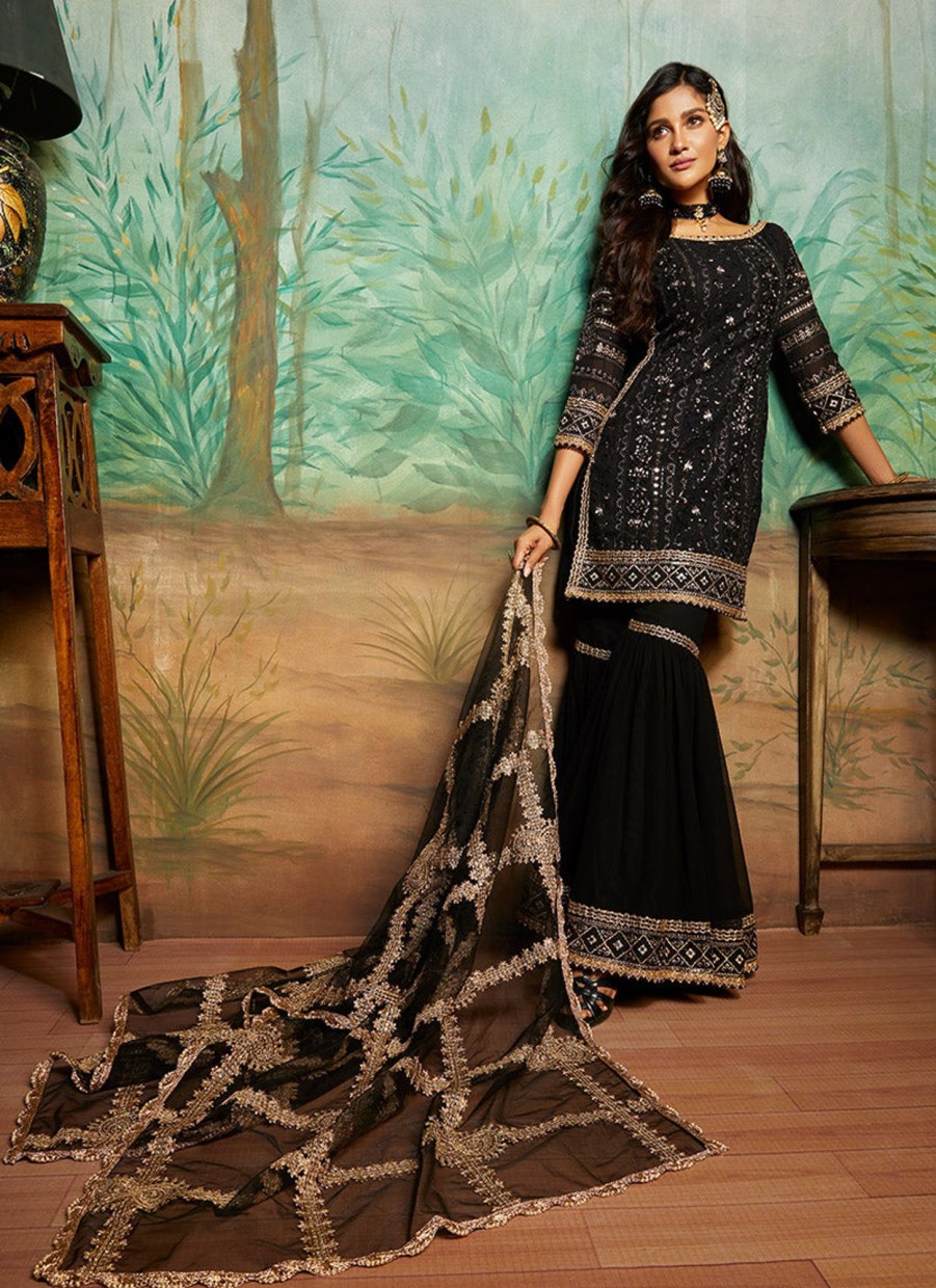 Women Lashkaraa | Black And Gold Thread Embroidered Gharara Suit