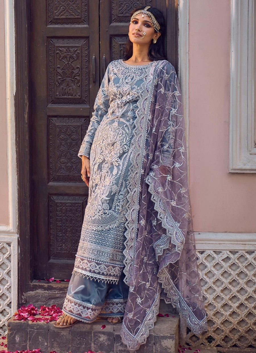 Women Lashkaraa | Dusty Blue And Purple Embroidered Palazzo Suit