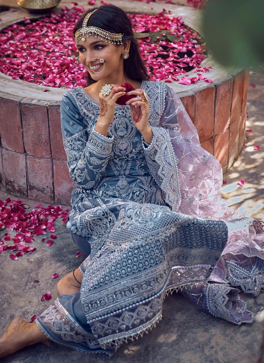 Women Lashkaraa | Dusty Blue And Purple Embroidered Palazzo Suit