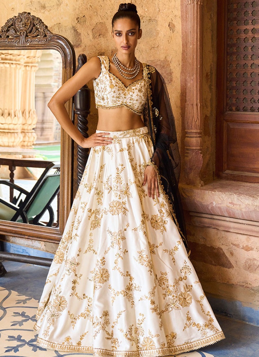 Women Lashkaraa | Off White And Black Embroidered Satin Lehenga