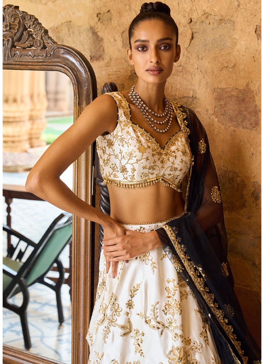 Women Lashkaraa | Off White And Black Embroidered Satin Lehenga