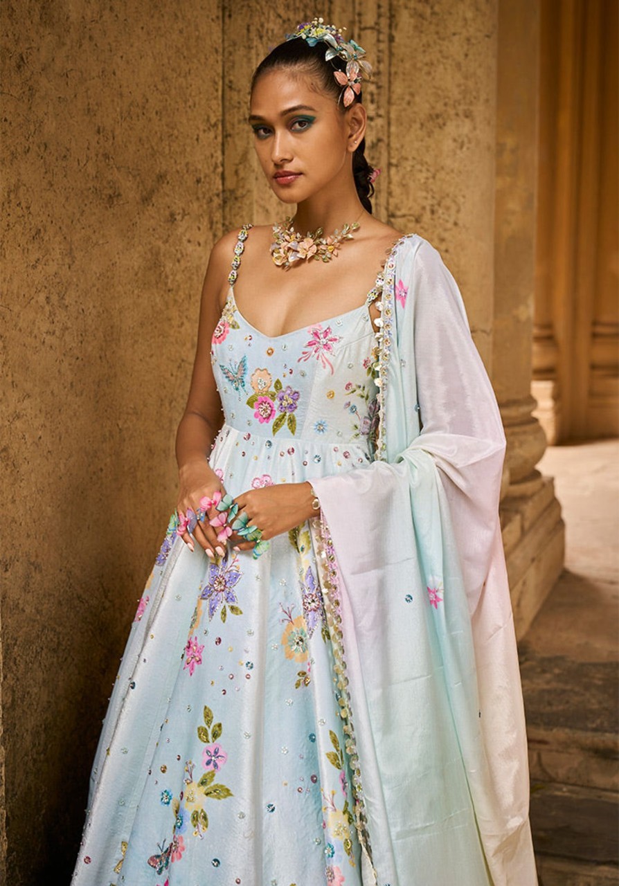 Women Lashkaraa | Mint Heavy Embellished Velvet Anarkali