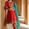 Women Lashkaraa | Red Orange And Teal Peplum Style Anarkali