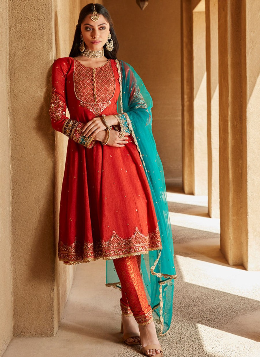 Women Lashkaraa | Red Orange And Teal Peplum Style Anarkali