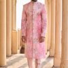 Men Lashkaraa | Peachy Pink Hand Embroidered Velvet Sherwani