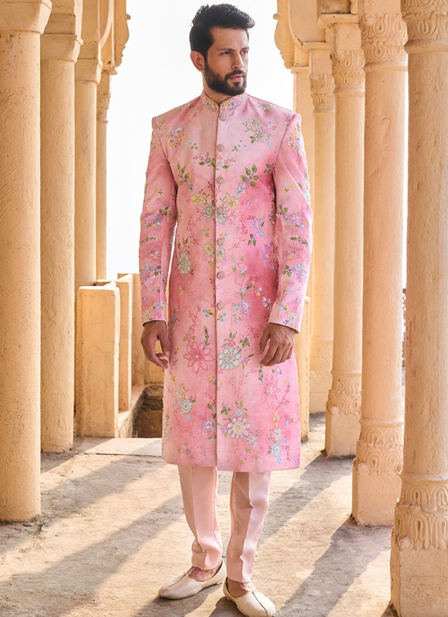 Men Lashkaraa | Peachy Pink Hand Embroidered Velvet Sherwani