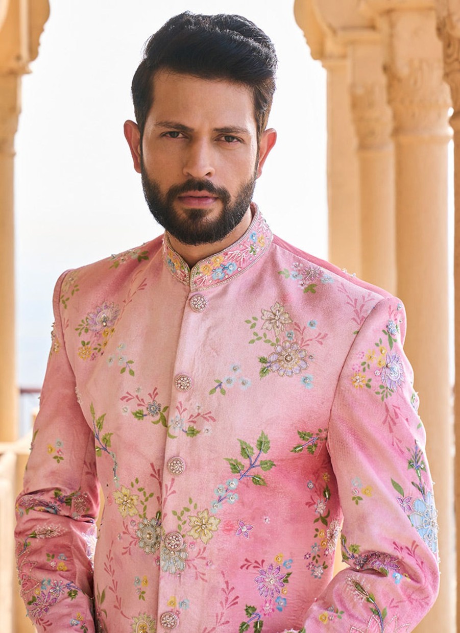 Men Lashkaraa | Peachy Pink Hand Embroidered Velvet Sherwani