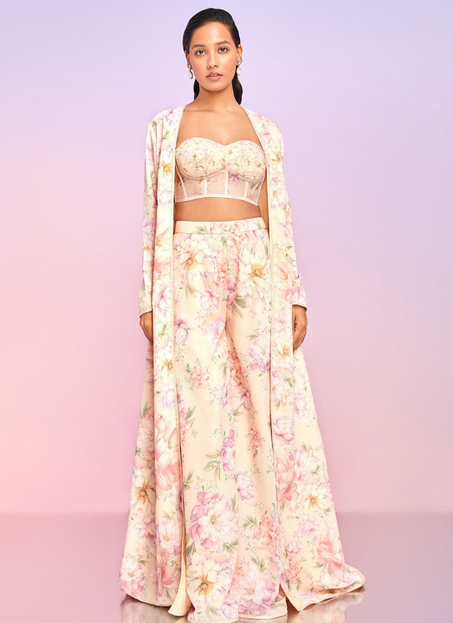 Women Lashkaraa | Light Peach Floral Embellished Crop Jacket Set