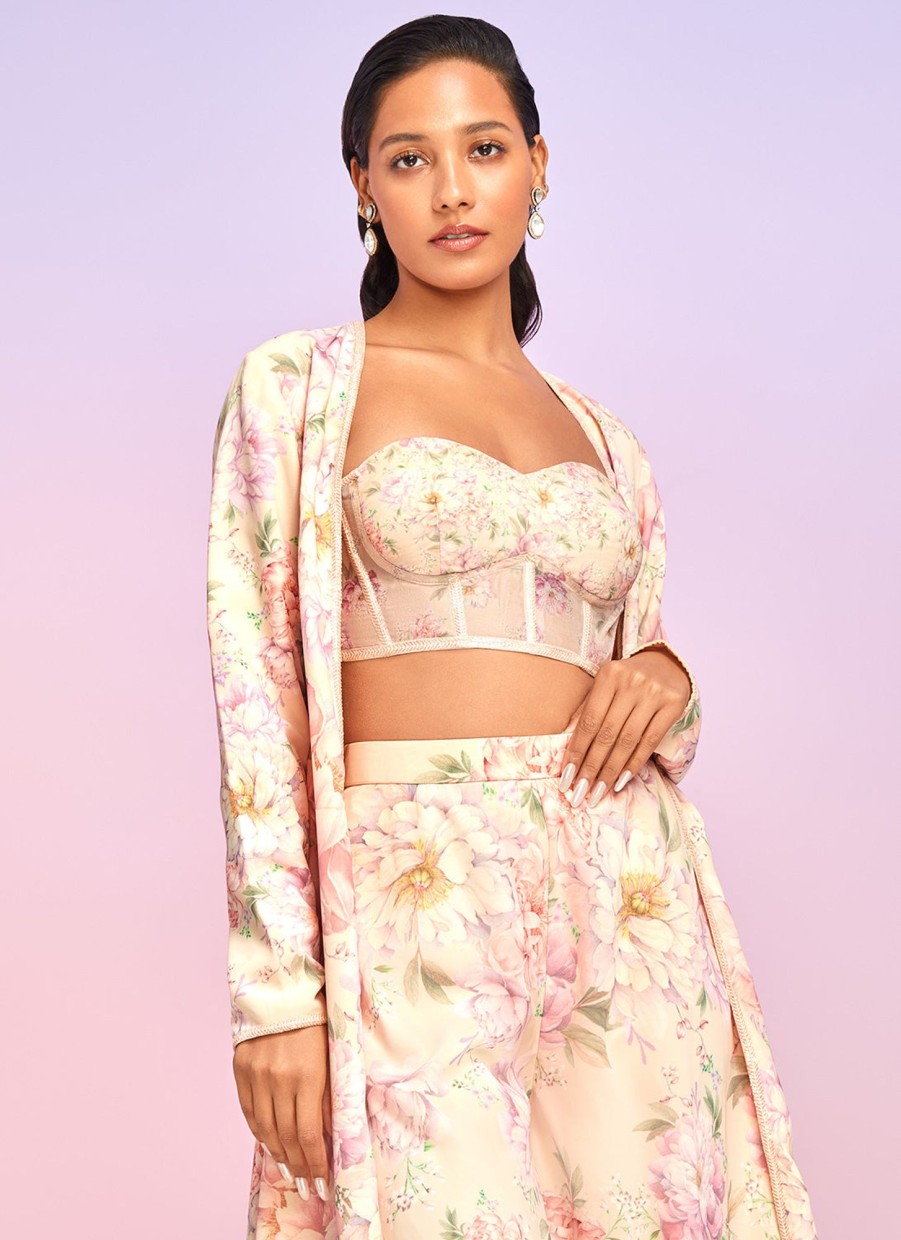 Women Lashkaraa | Light Peach Floral Embellished Crop Jacket Set