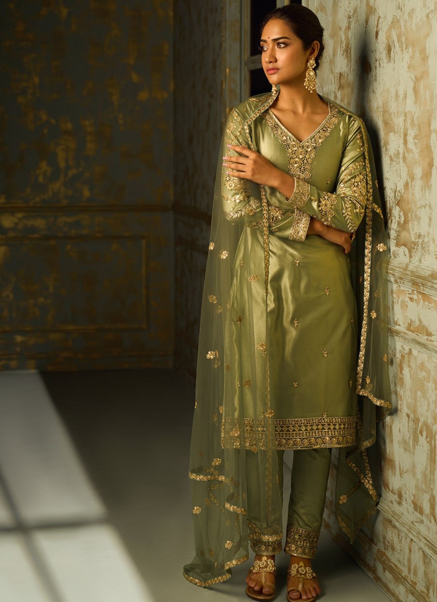 Women Lashkaraa | Dusty Olive Embroidered Straight Suit