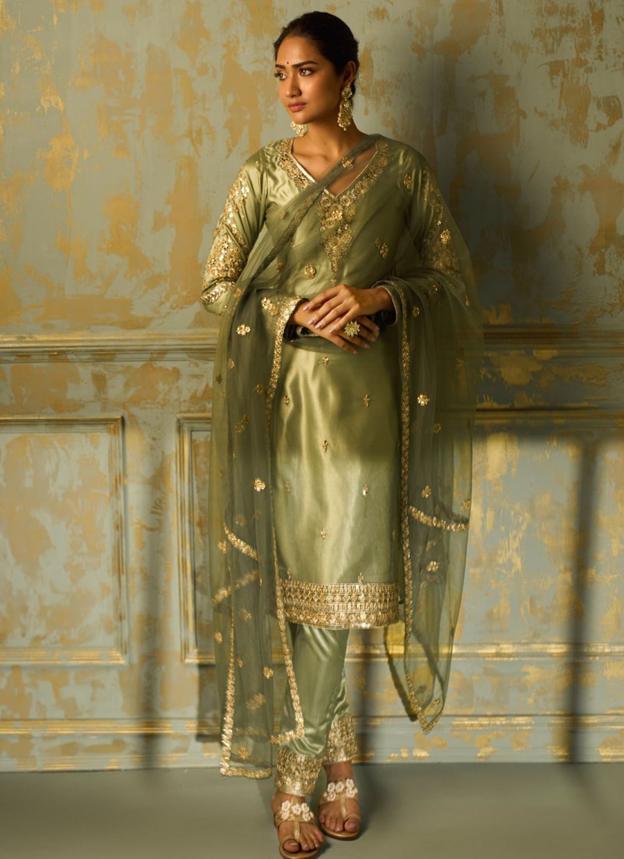 Women Lashkaraa | Dusty Olive Embroidered Straight Suit