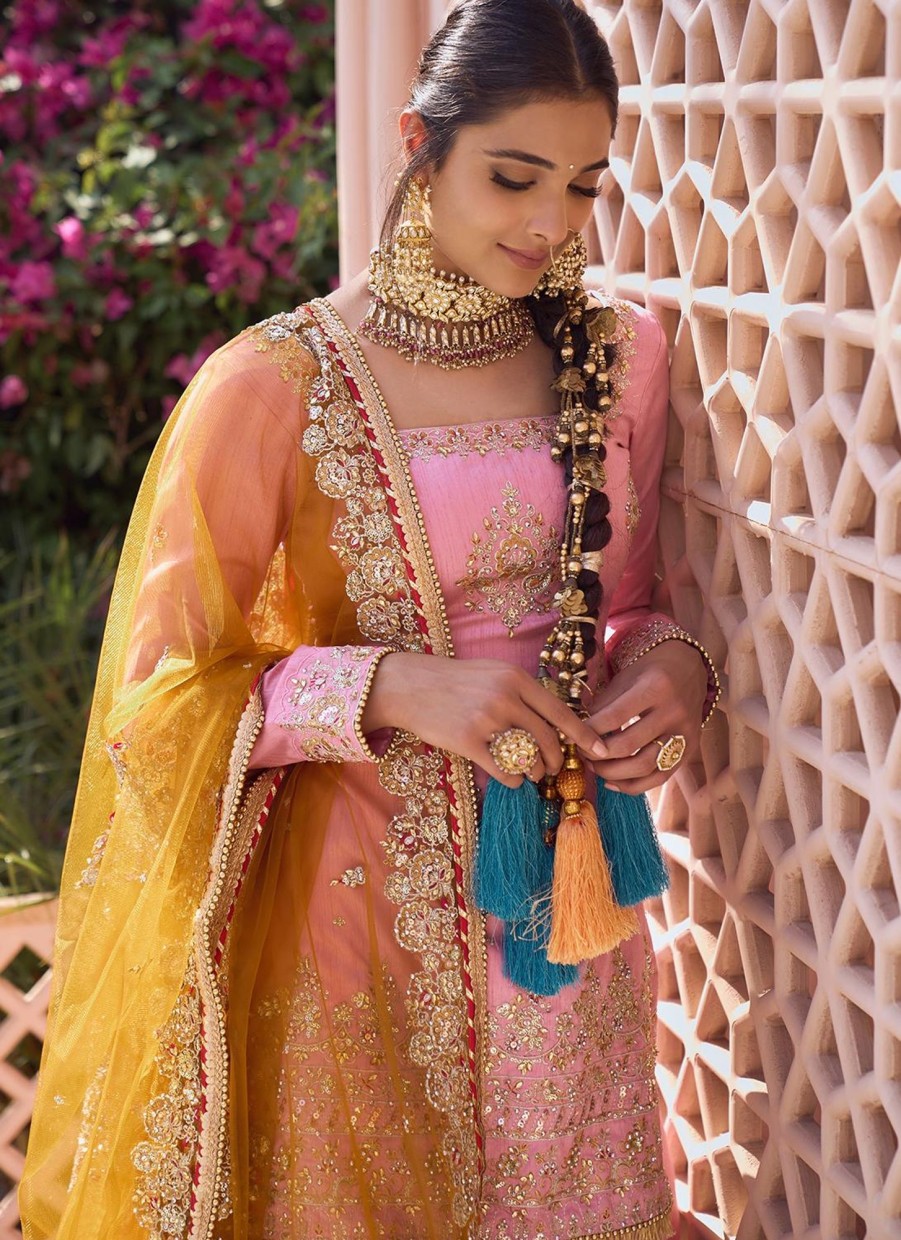 Women Lashkaraa | Pink And Mustard Embroidered Lehenga