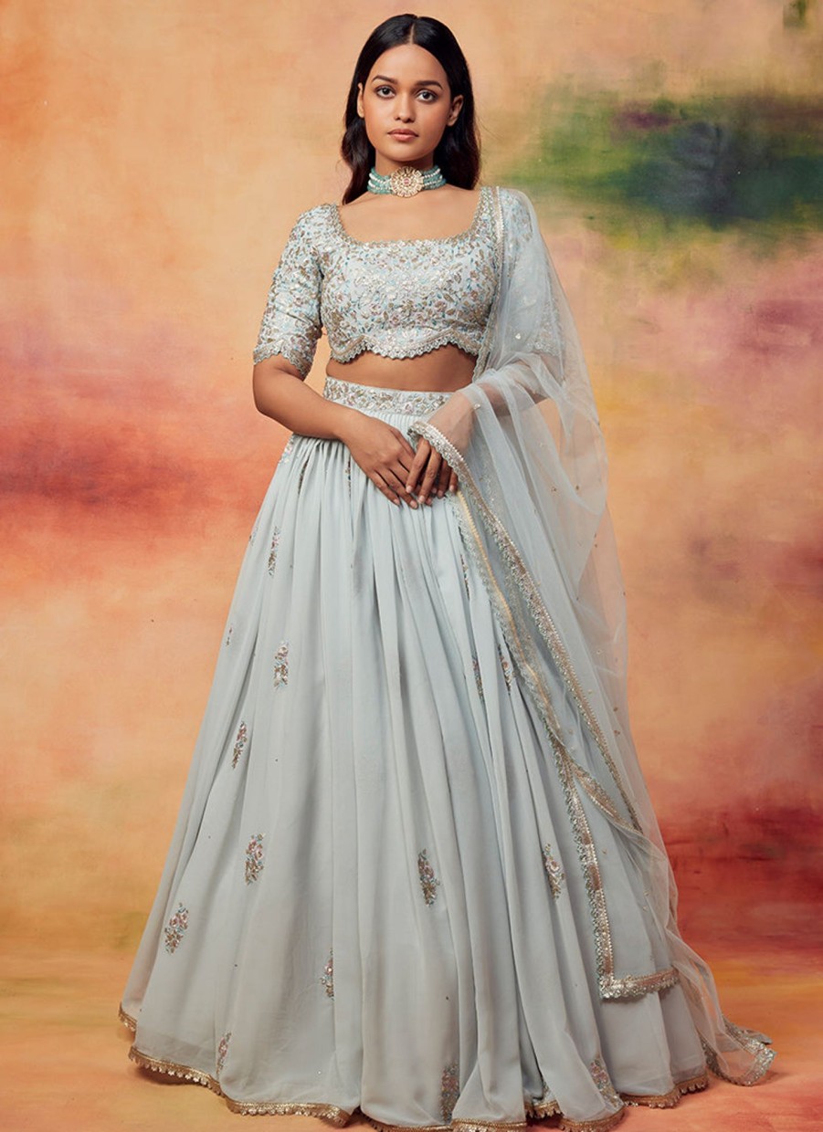 Women Lashkaraa | Dusty Blue Grey Embroidered Georgette Lehenga